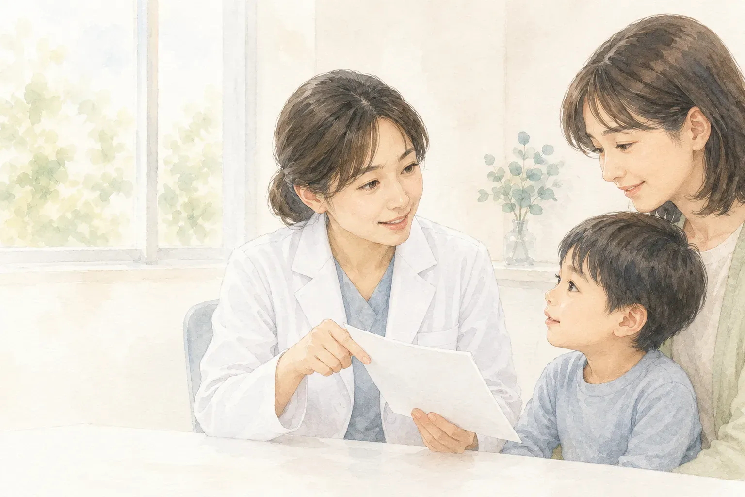 診察室で医師が保護者とお子様に予防接種の説明をしている様子