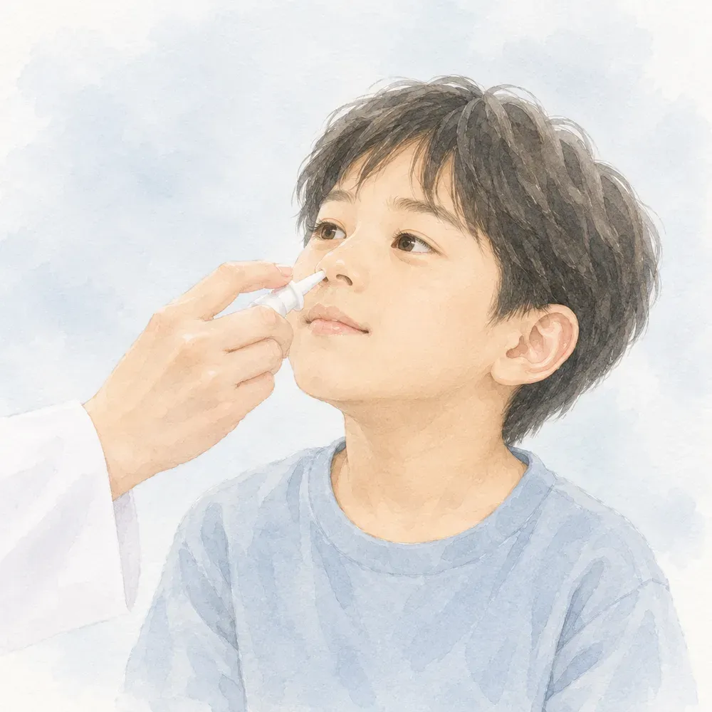 鼻にスプレー状の器具を近づけて点鼻ワクチンを接種している様子