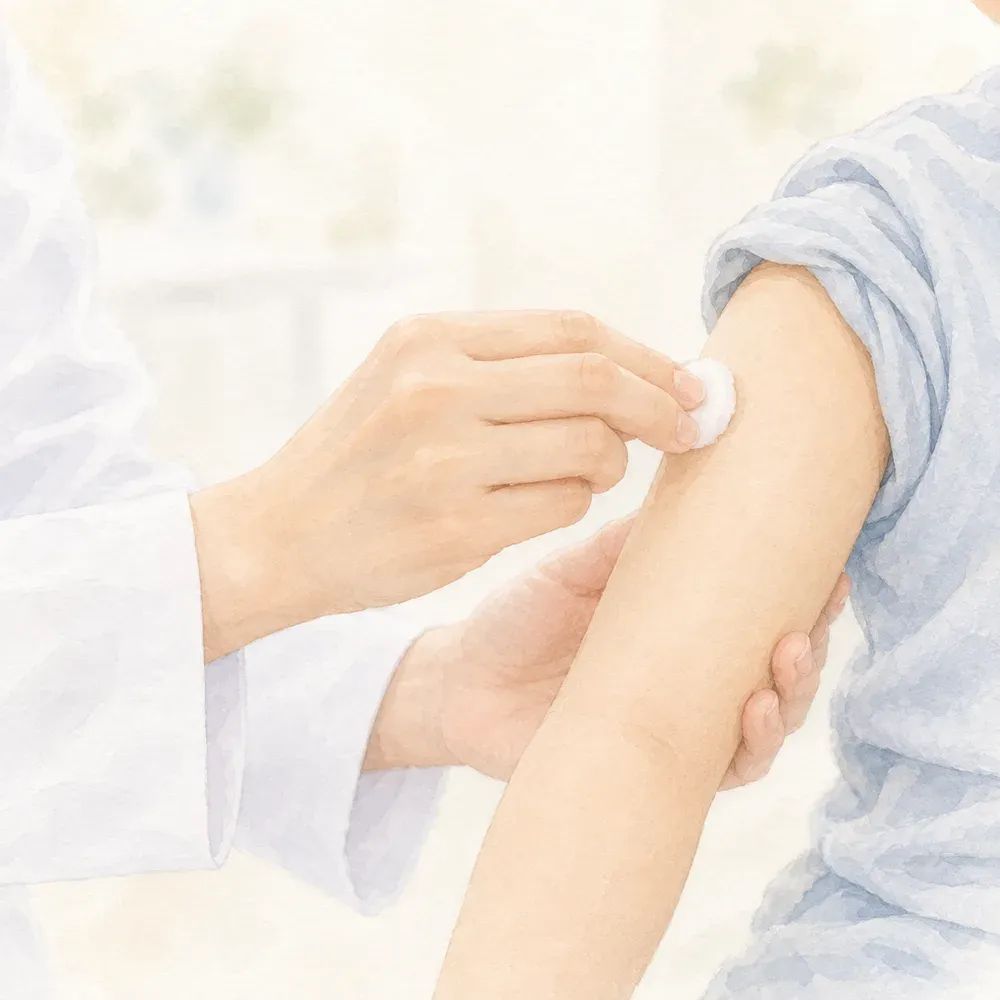 腕に消毒綿を当てて皮下注射の準備をしている様子